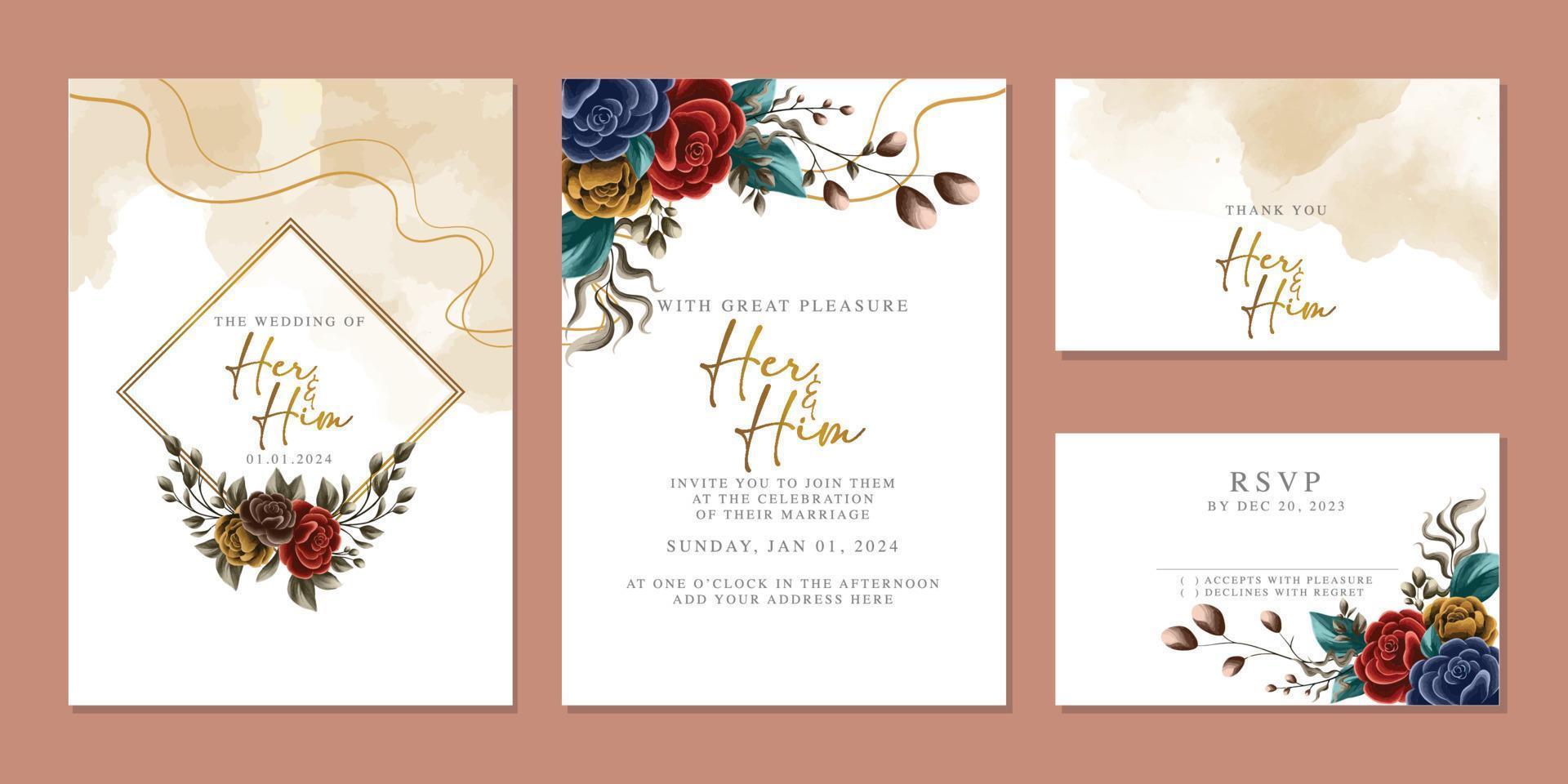 plantilla de fondo de tarjeta de invitación de boda de flores hermosas de lujo vector