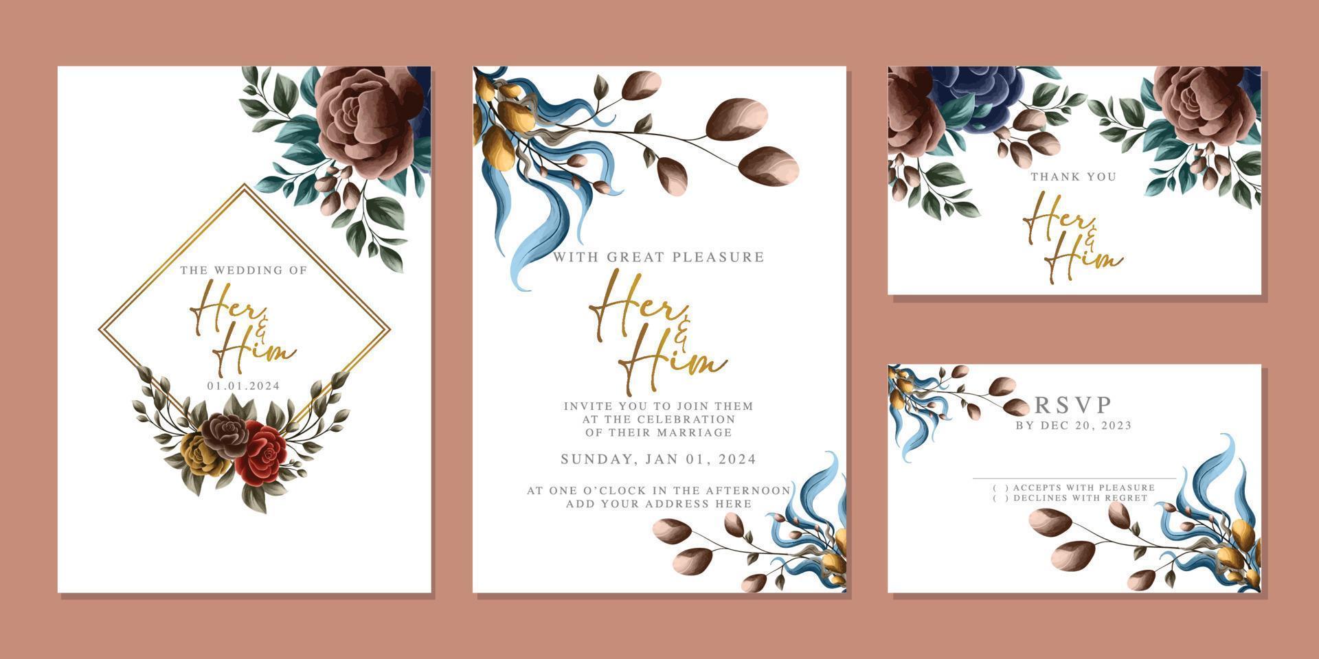 plantilla de fondo de tarjeta de invitación de boda de flores hermosas de lujo vector