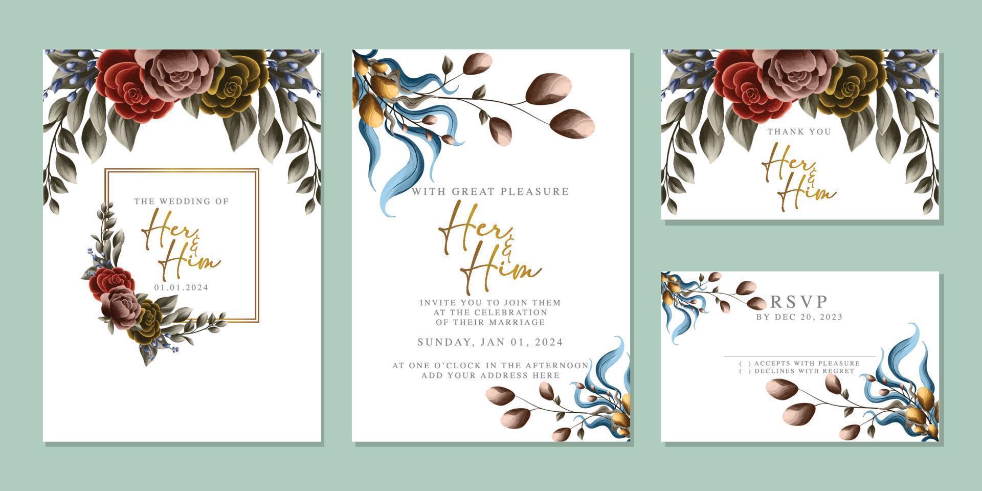 plantilla de fondo de tarjeta de invitación de boda de flores hermosas de lujo vector