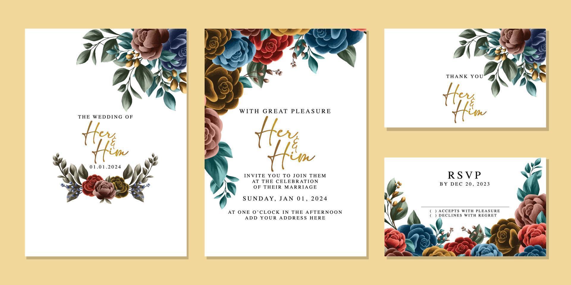 plantilla de fondo de tarjeta de invitación de boda de flores hermosas de lujo vector