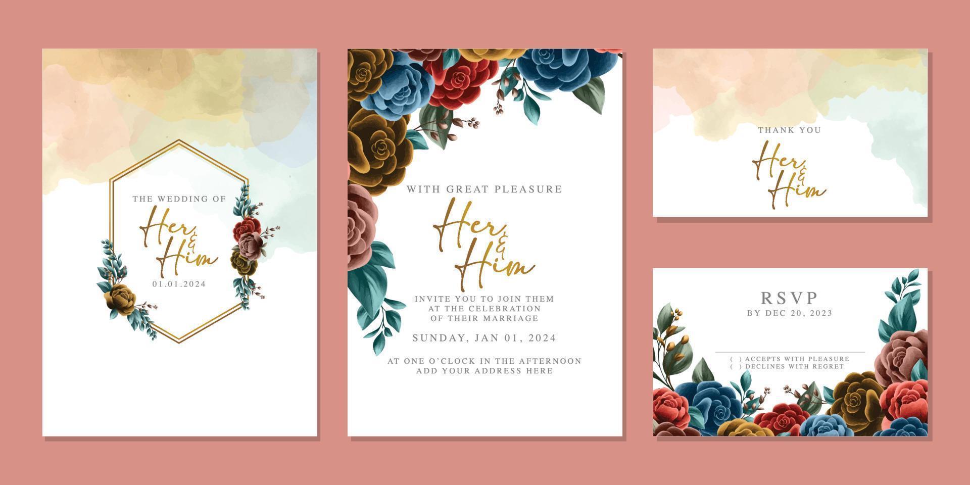 plantilla de fondo de tarjeta de invitación de boda de flores hermosas de lujo vector