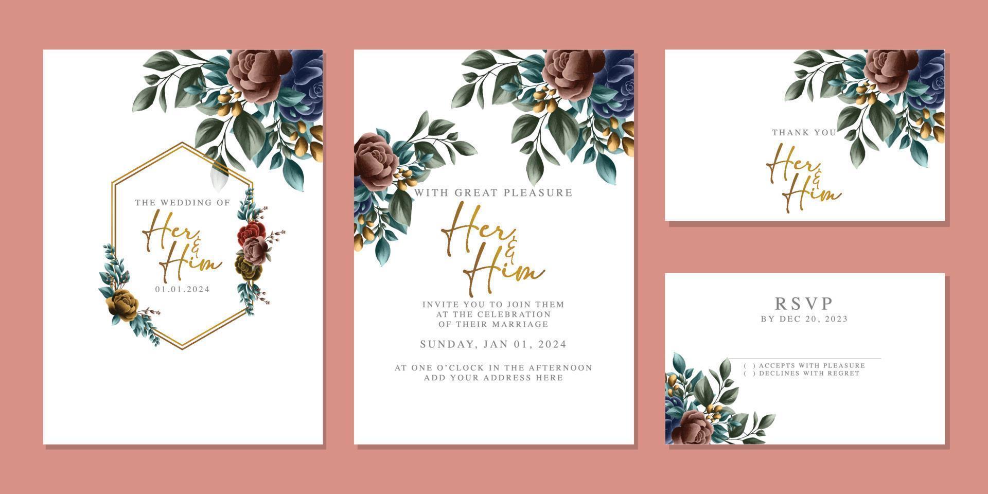 Luxury beautiful flowers wedding invitation card background template vector