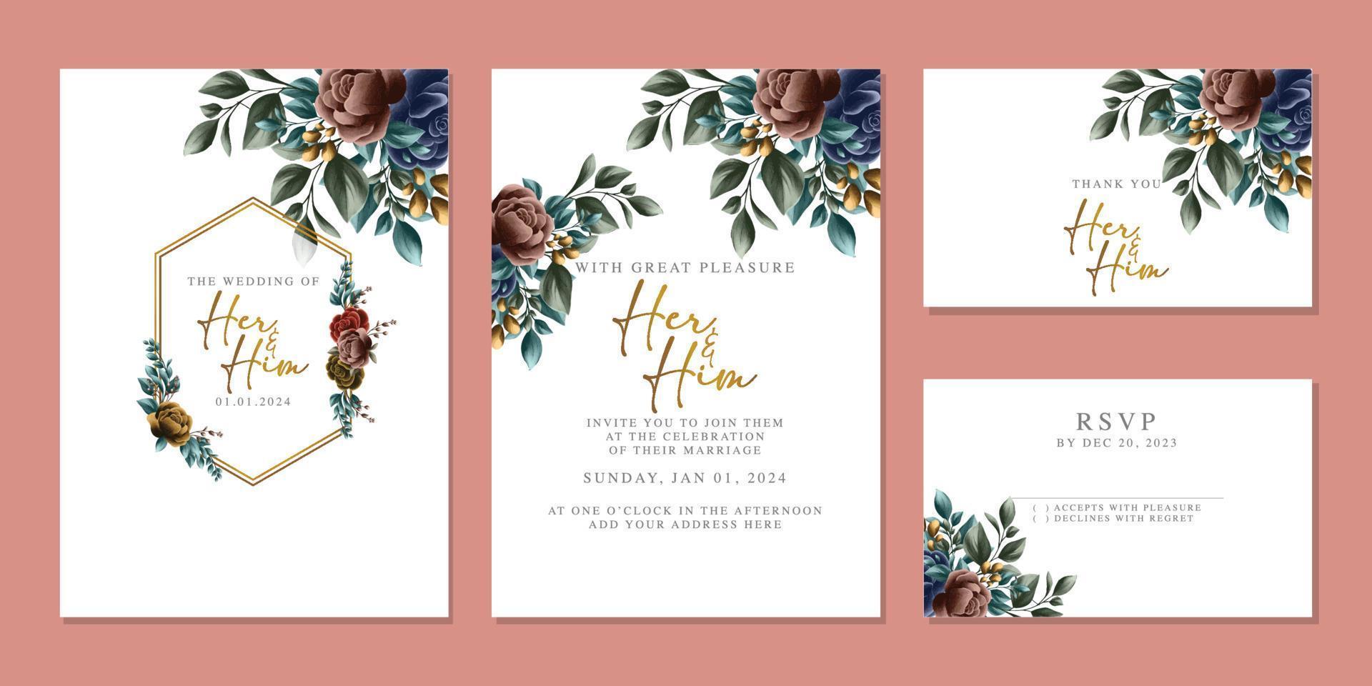 plantilla de fondo de tarjeta de invitación de boda de flores hermosas de lujo vector