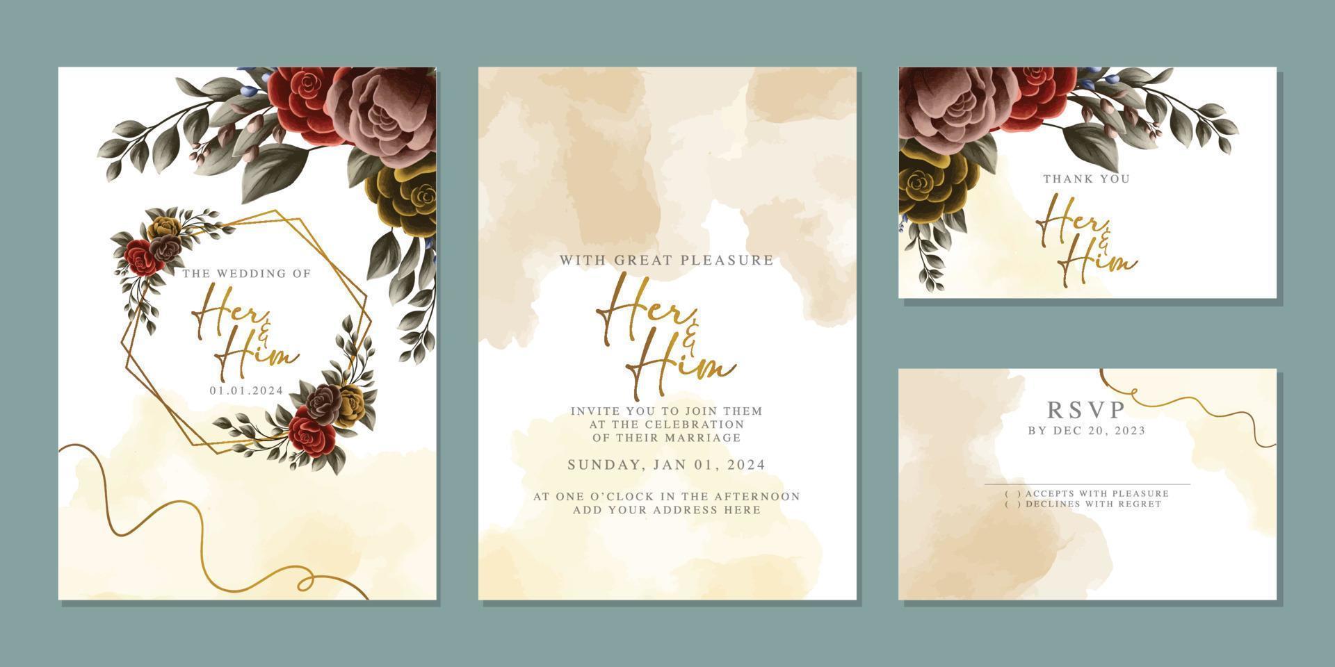 plantilla de fondo de tarjeta de invitación de boda de flores hermosas de lujo vector