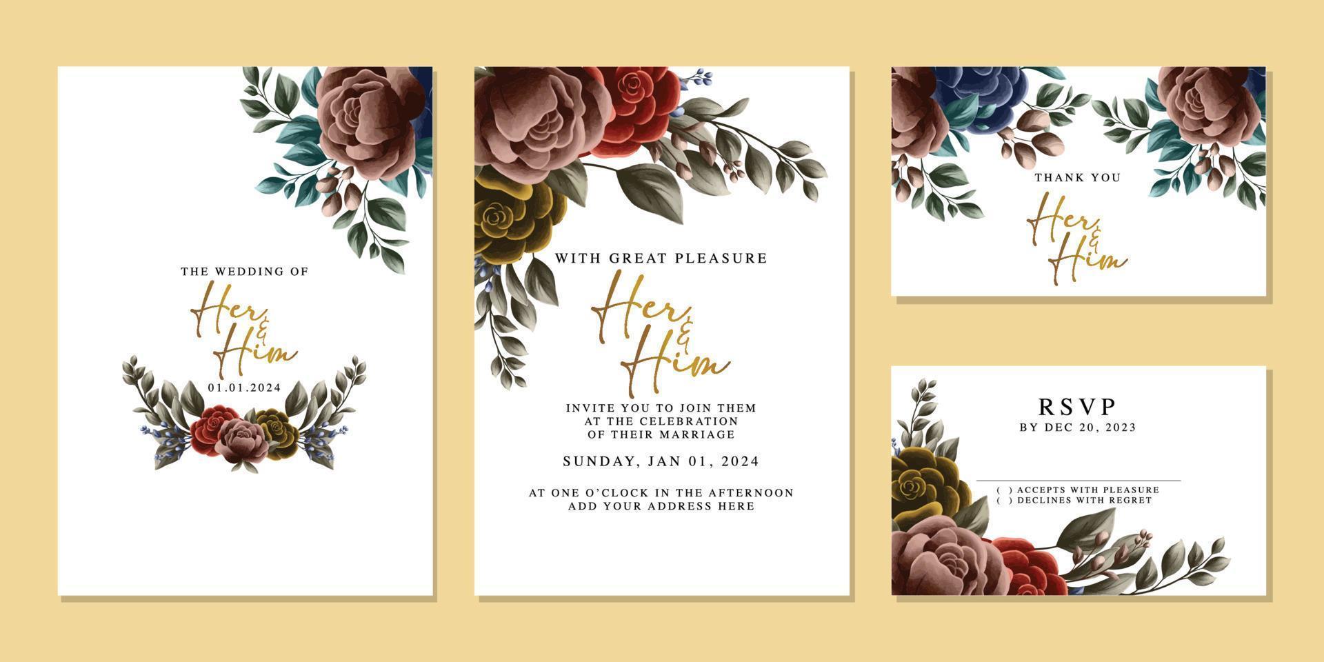 Luxury beautiful flowers wedding invitation card background template vector