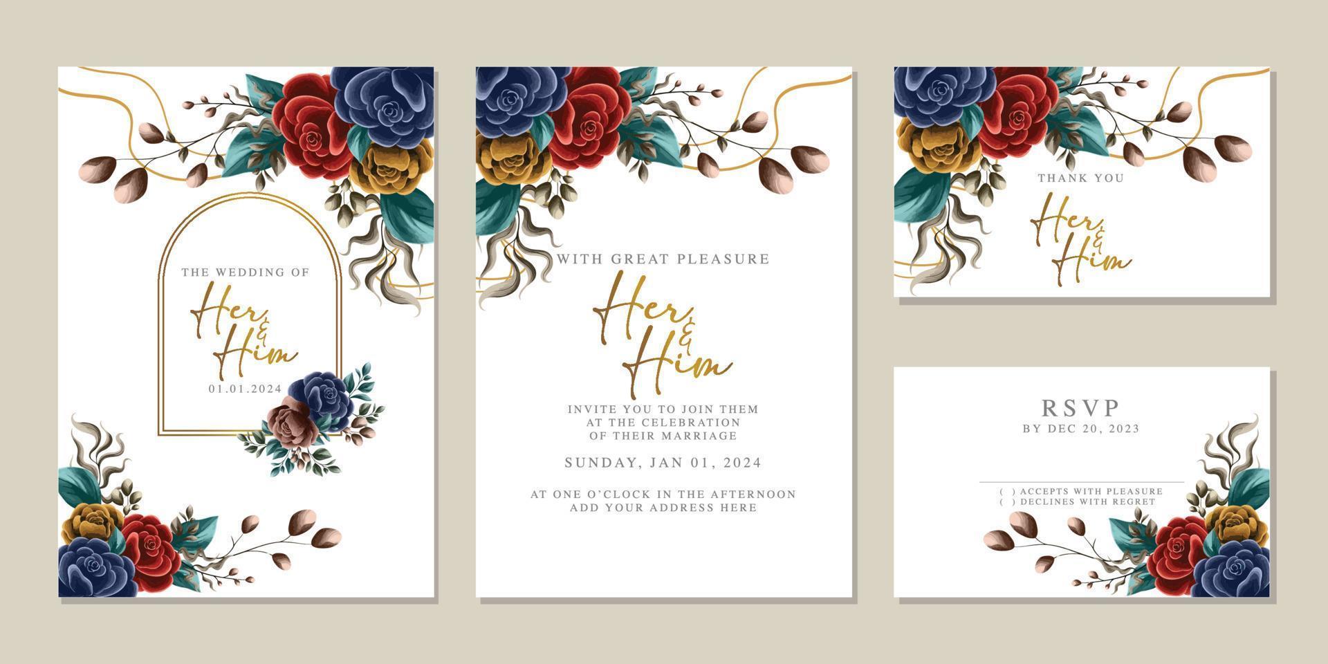 Luxury beautiful flowers wedding invitation card background template vector