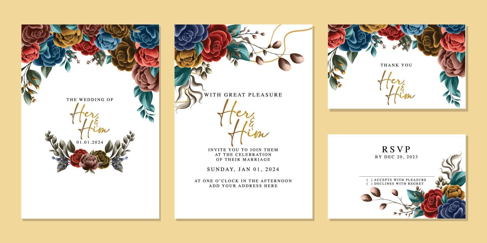 plantilla de fondo de tarjeta de invitación de boda de flores hermosas de lujo vector