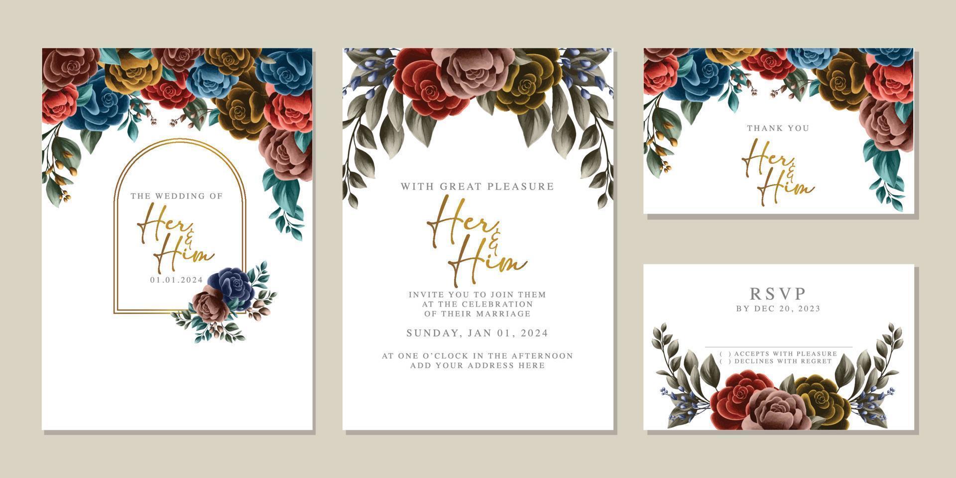 Luxury beautiful flowers wedding invitation card background template vector