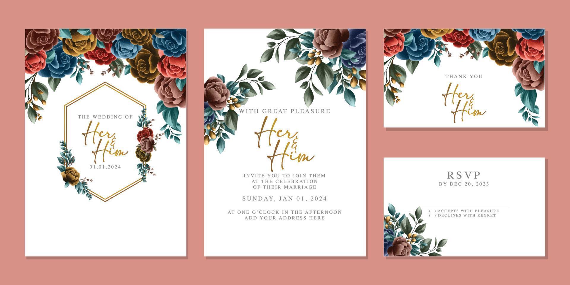 plantilla de fondo de tarjeta de invitación de boda de flores hermosas de lujo vector