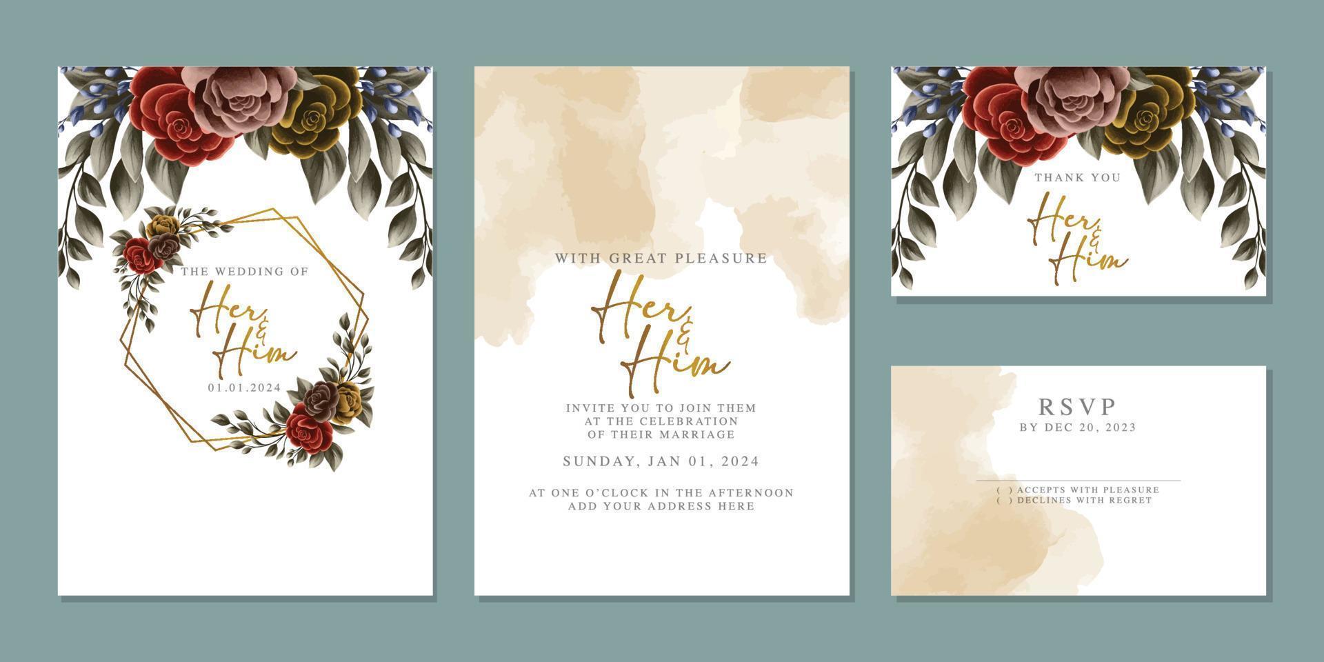 Luxury beautiful flowers wedding invitation card background template vector