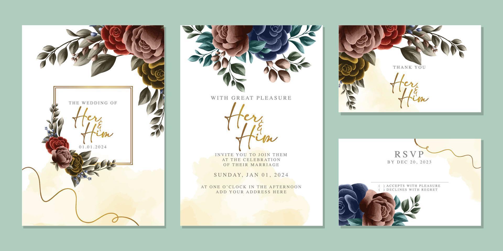 plantilla de fondo de tarjeta de invitación de boda de flores hermosas de lujo vector