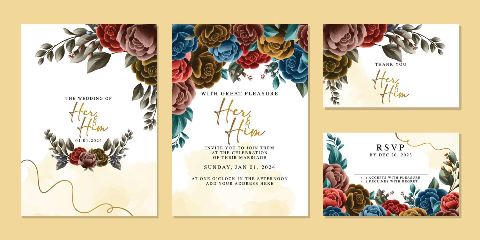 plantilla de fondo de tarjeta de invitación de boda de flores hermosas de lujo vector