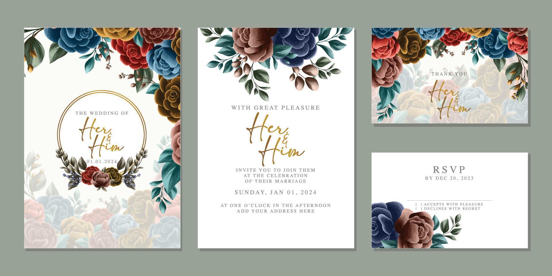 Luxury beautiful flowers wedding invitation card background template vector