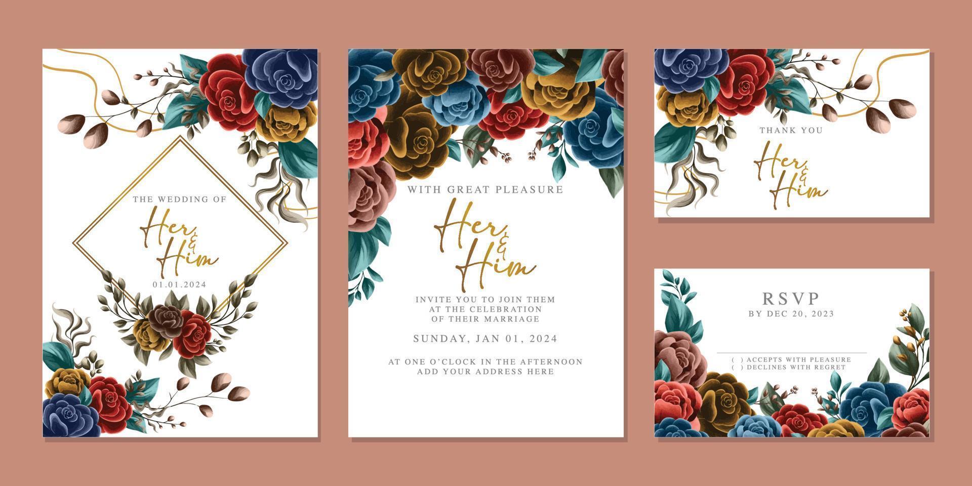 Luxury beautiful flowers wedding invitation card background template vector