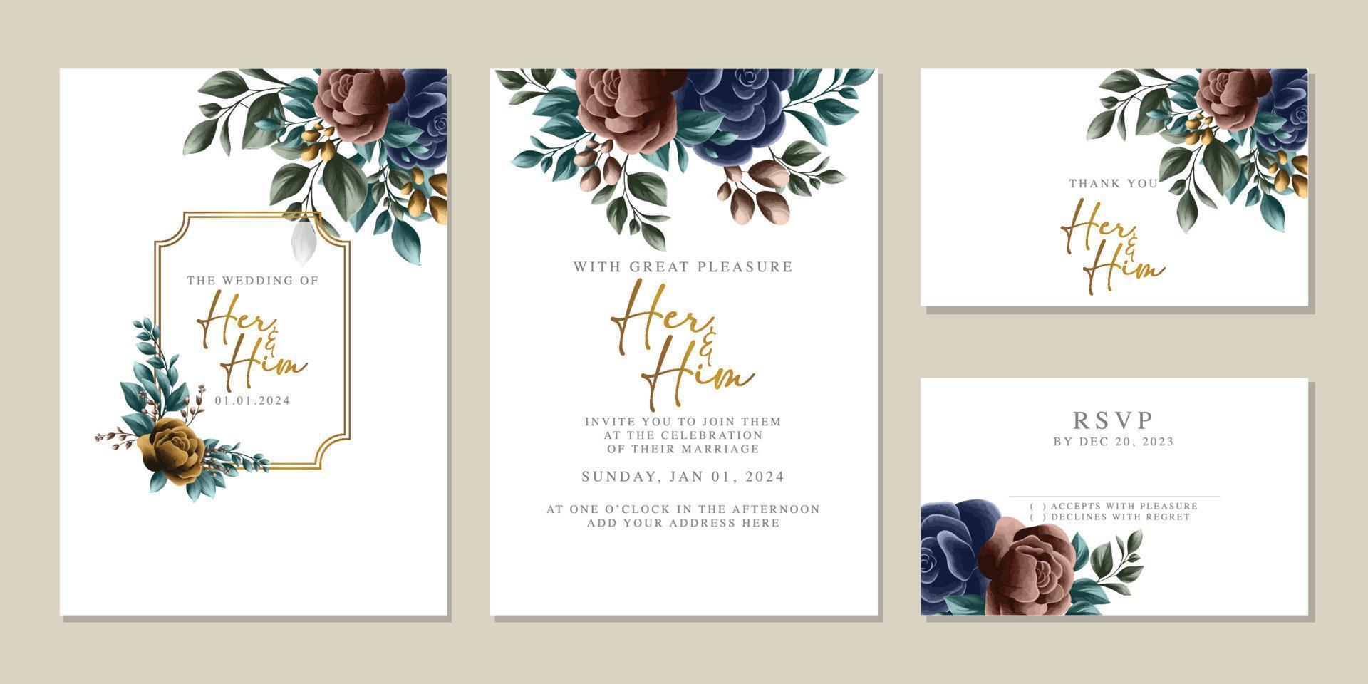 Luxury beautiful flowers wedding invitation card background template vector