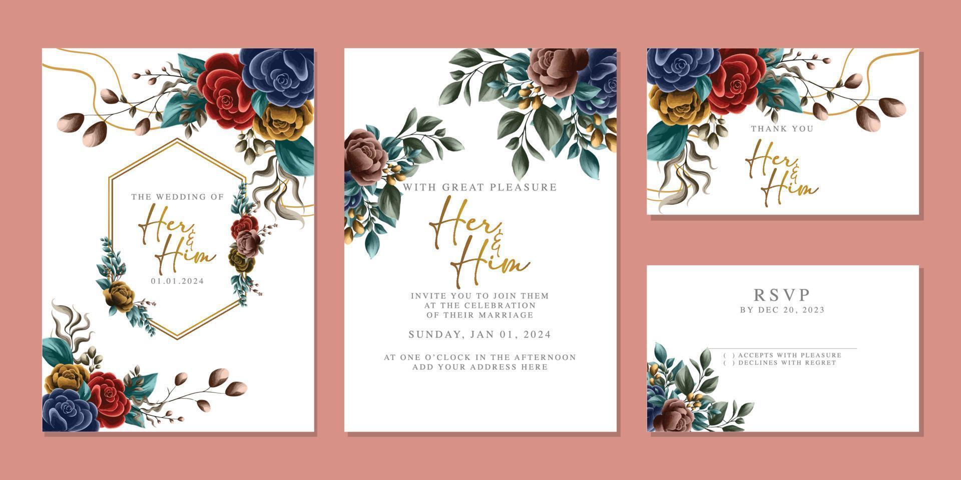 plantilla de fondo de tarjeta de invitación de boda de flores hermosas de lujo vector