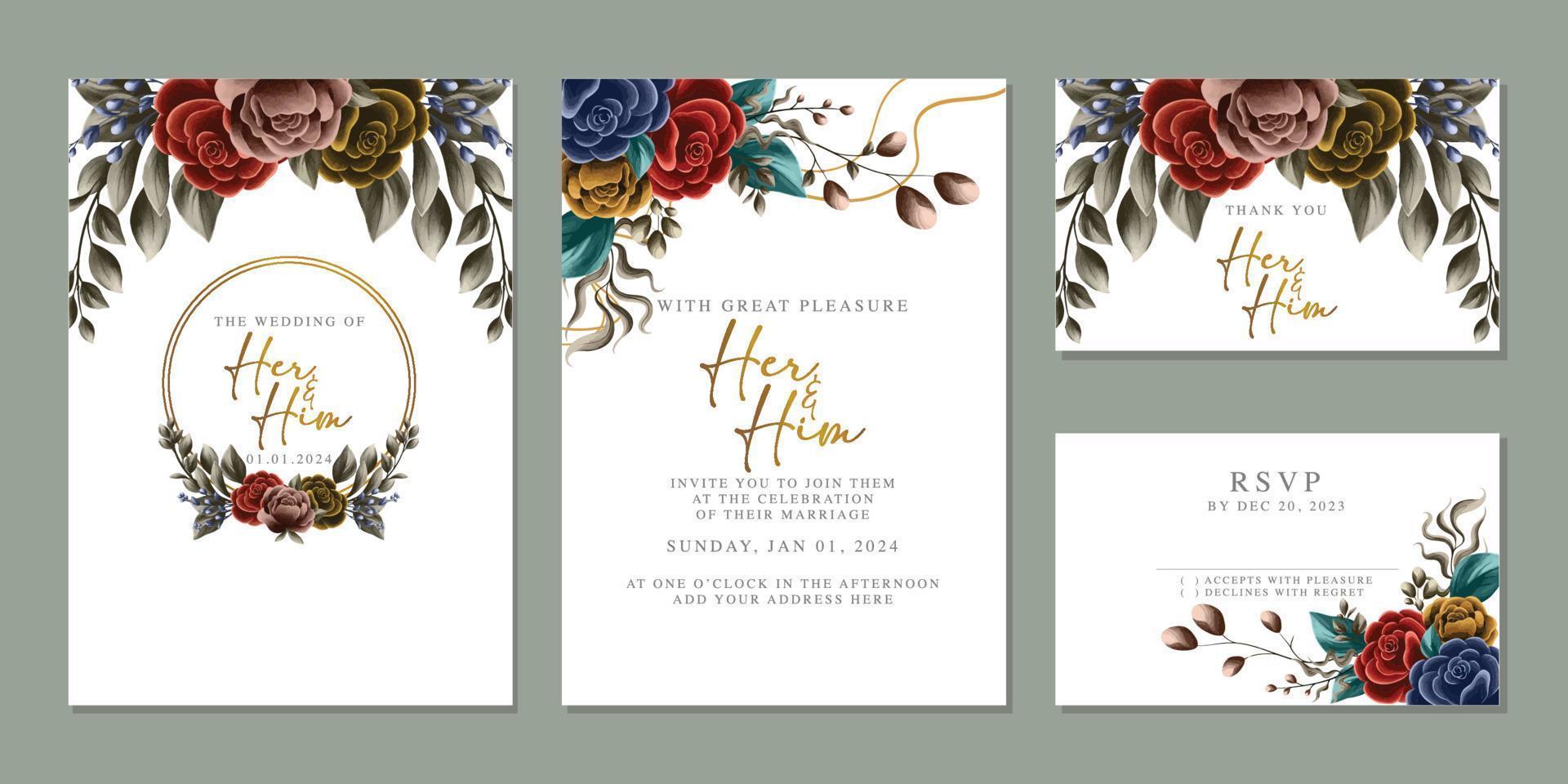 Luxury beautiful flowers wedding invitation card background template vector