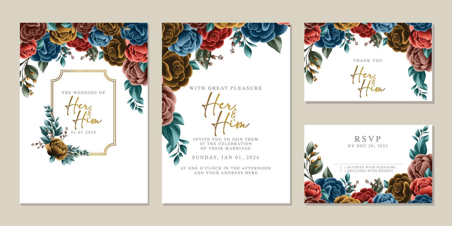 plantilla de fondo de tarjeta de invitación de boda de flores hermosas de lujo vector