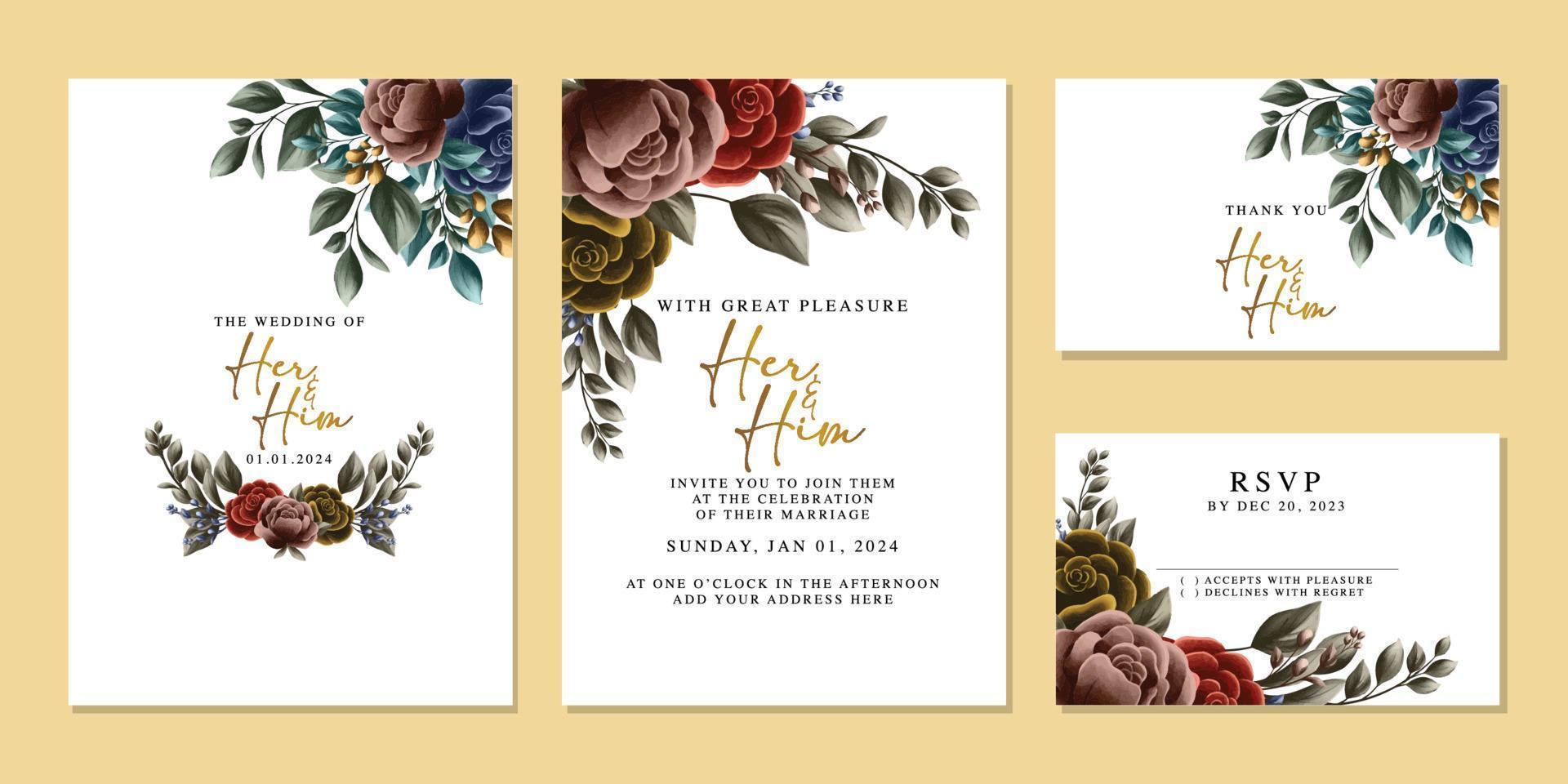 plantilla de fondo de tarjeta de invitación de boda de flores hermosas de lujo vector