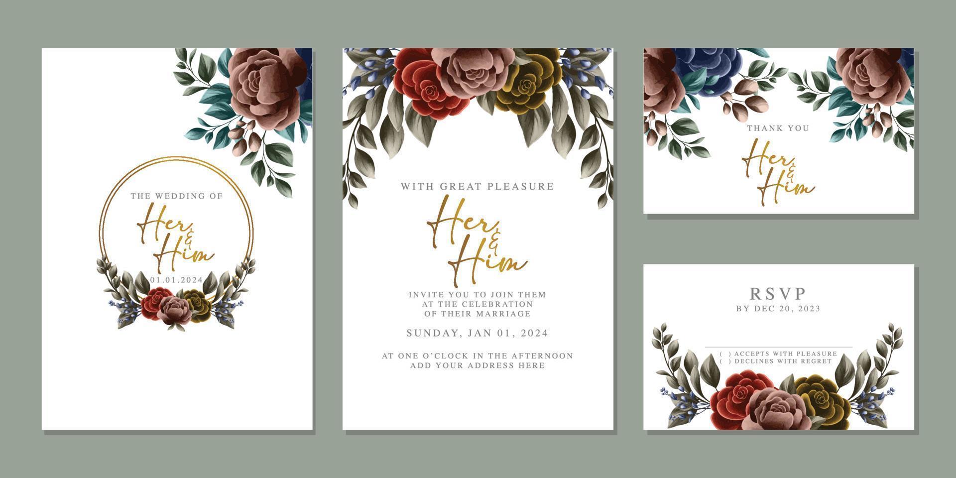 plantilla de fondo de tarjeta de invitación de boda de flores hermosas de lujo vector