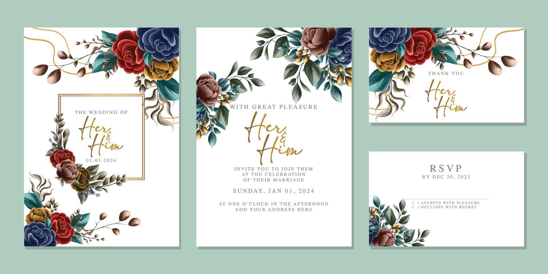 plantilla de fondo de tarjeta de invitación de boda de flores hermosas de lujo vector