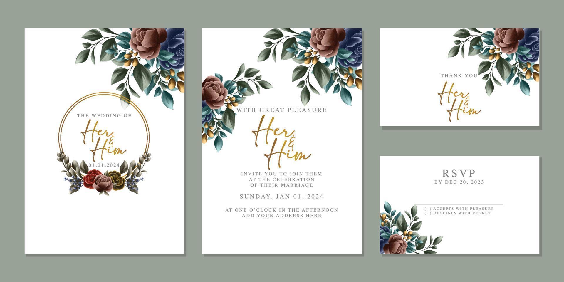 plantilla de fondo de tarjeta de invitación de boda de flores hermosas de lujo vector