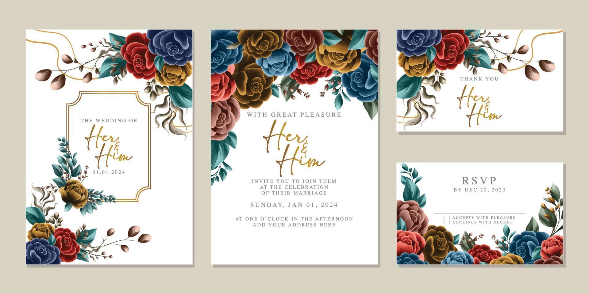 plantilla de fondo de tarjeta de invitación de boda de flores hermosas de lujo vector