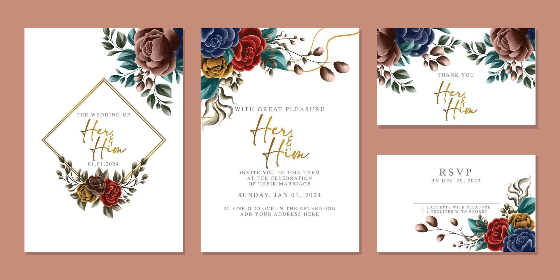 plantilla de fondo de tarjeta de invitación de boda de flores hermosas de lujo vector