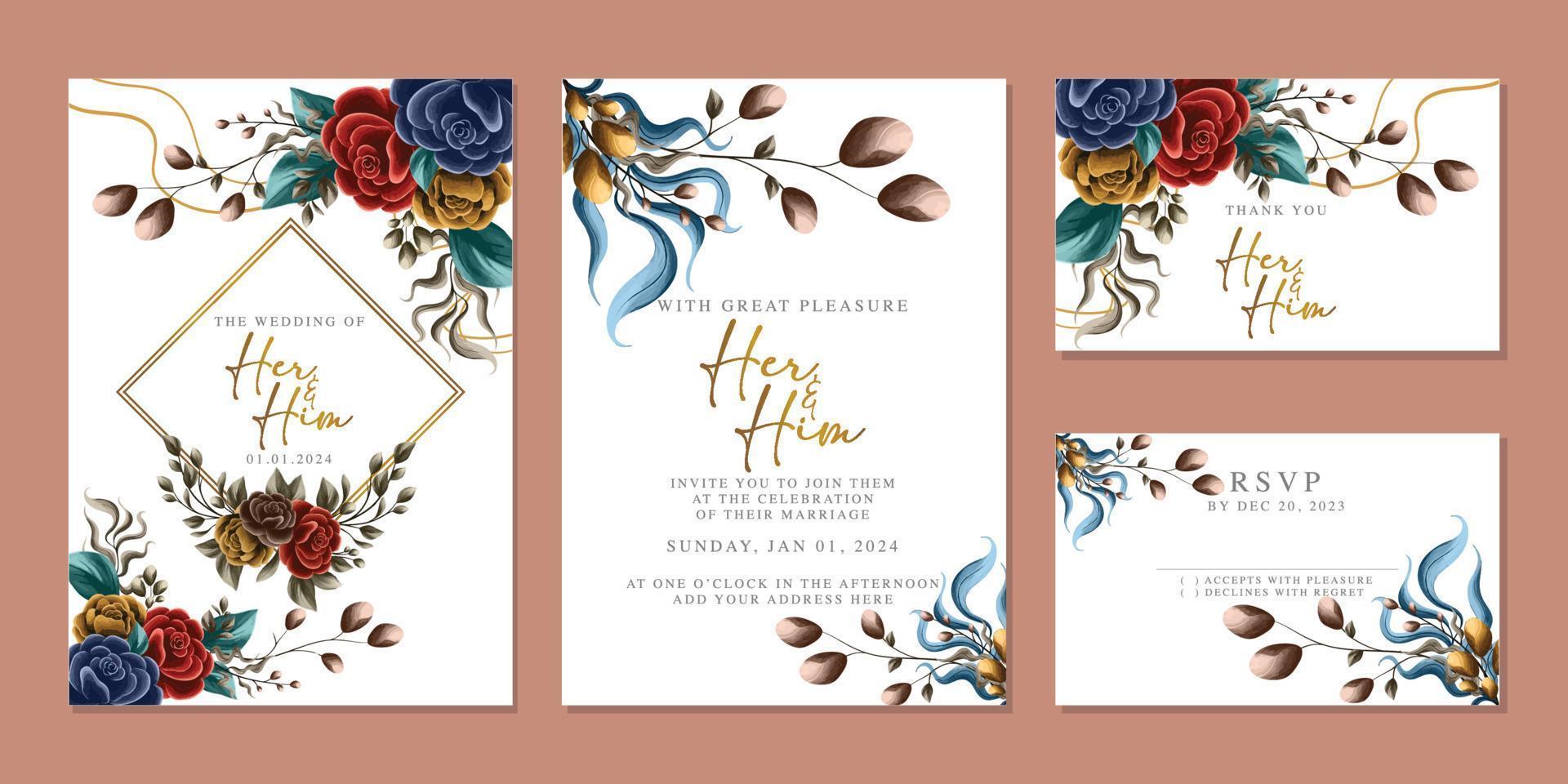 plantilla de fondo de tarjeta de invitación de boda de flores hermosas de lujo vector