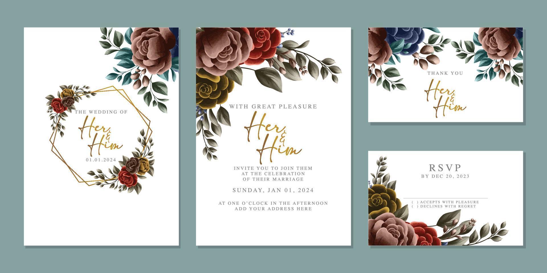 plantilla de fondo de tarjeta de invitación de boda de flores hermosas de lujo vector