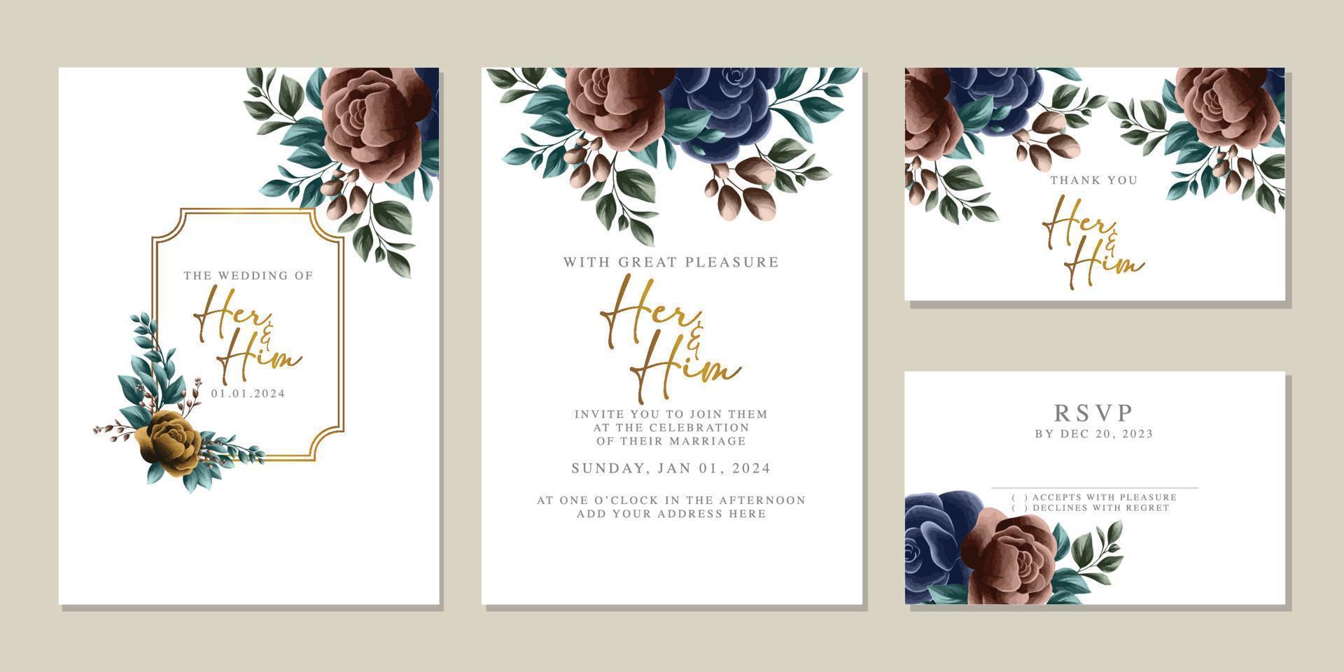 Luxury beautiful flowers wedding invitation card background template vector