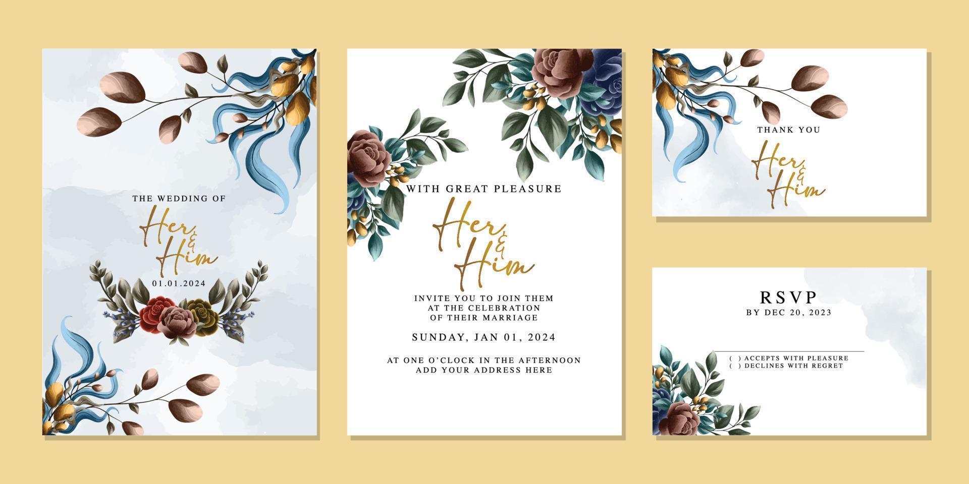 Luxury beautiful flowers wedding invitation card background template vector