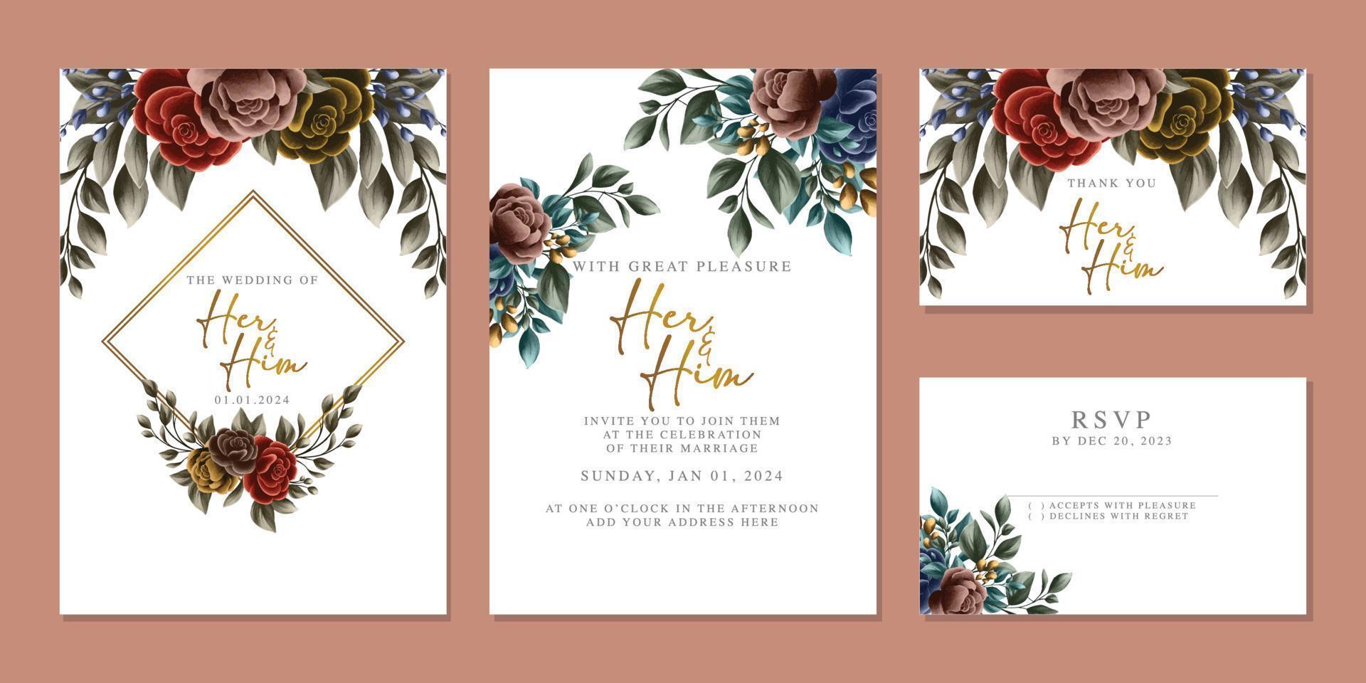 Luxury beautiful flowers wedding invitation card background template vector