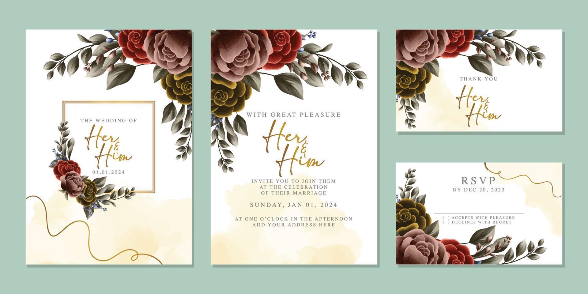 plantilla de fondo de tarjeta de invitación de boda de flores hermosas de lujo vector