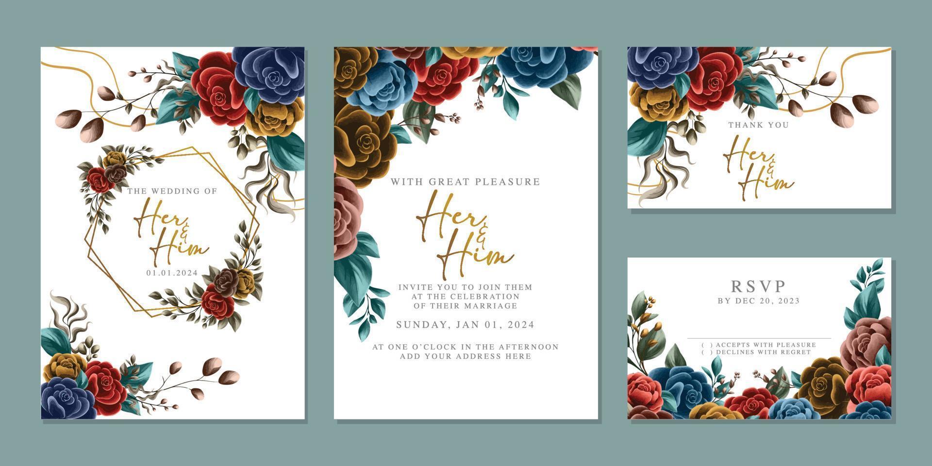 plantilla de fondo de tarjeta de invitación de boda de flores hermosas de lujo vector