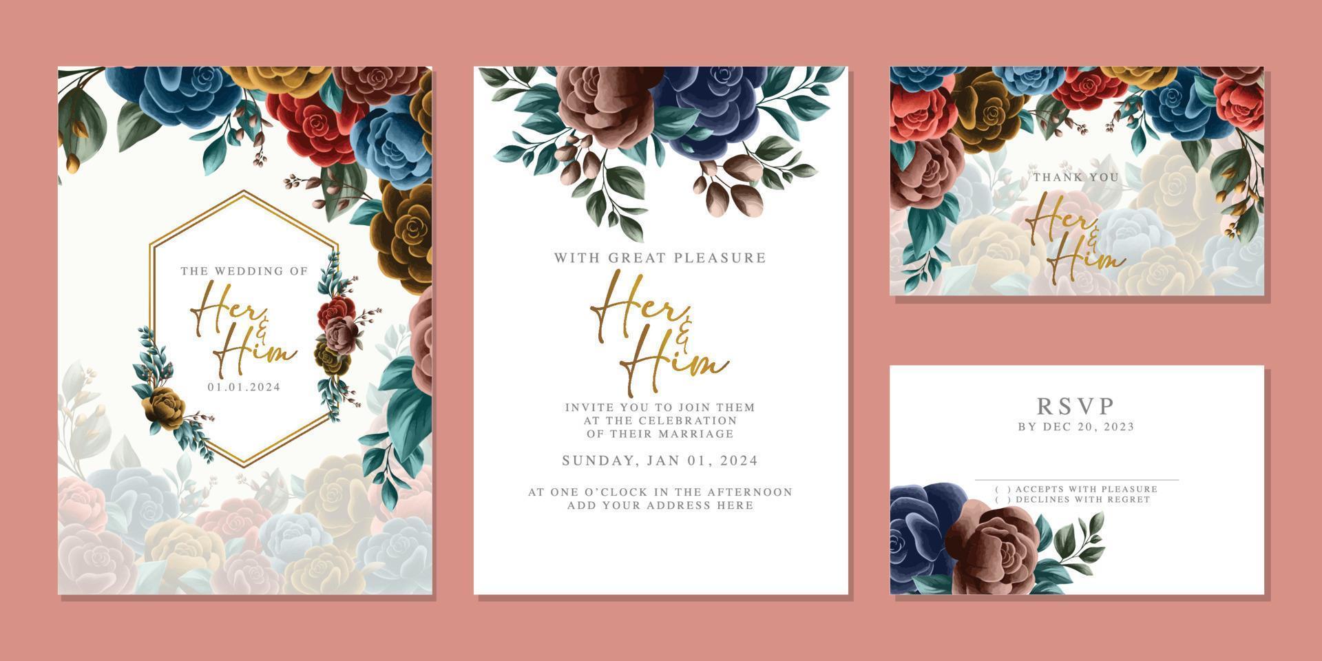 plantilla de fondo de tarjeta de invitación de boda de flores hermosas de lujo vector