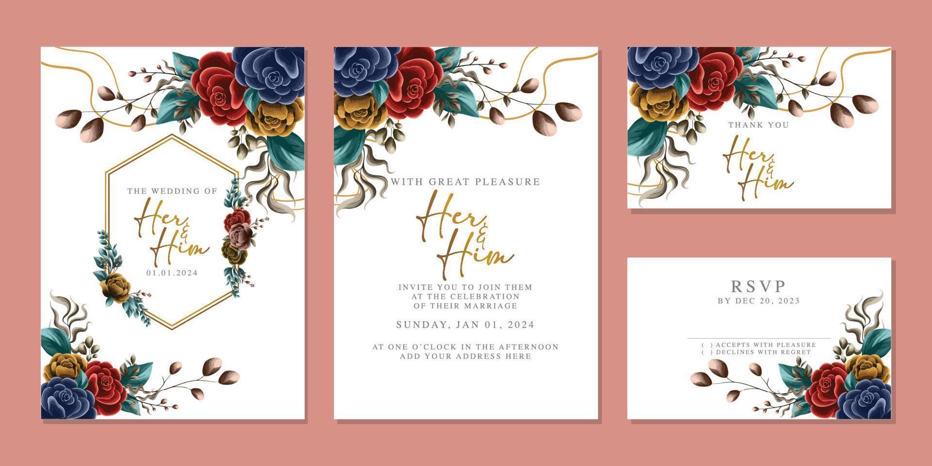 plantilla de fondo de tarjeta de invitación de boda de flores hermosas de lujo vector