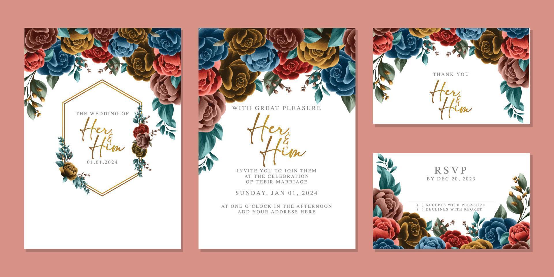 plantilla de fondo de tarjeta de invitación de boda de flores hermosas de lujo vector