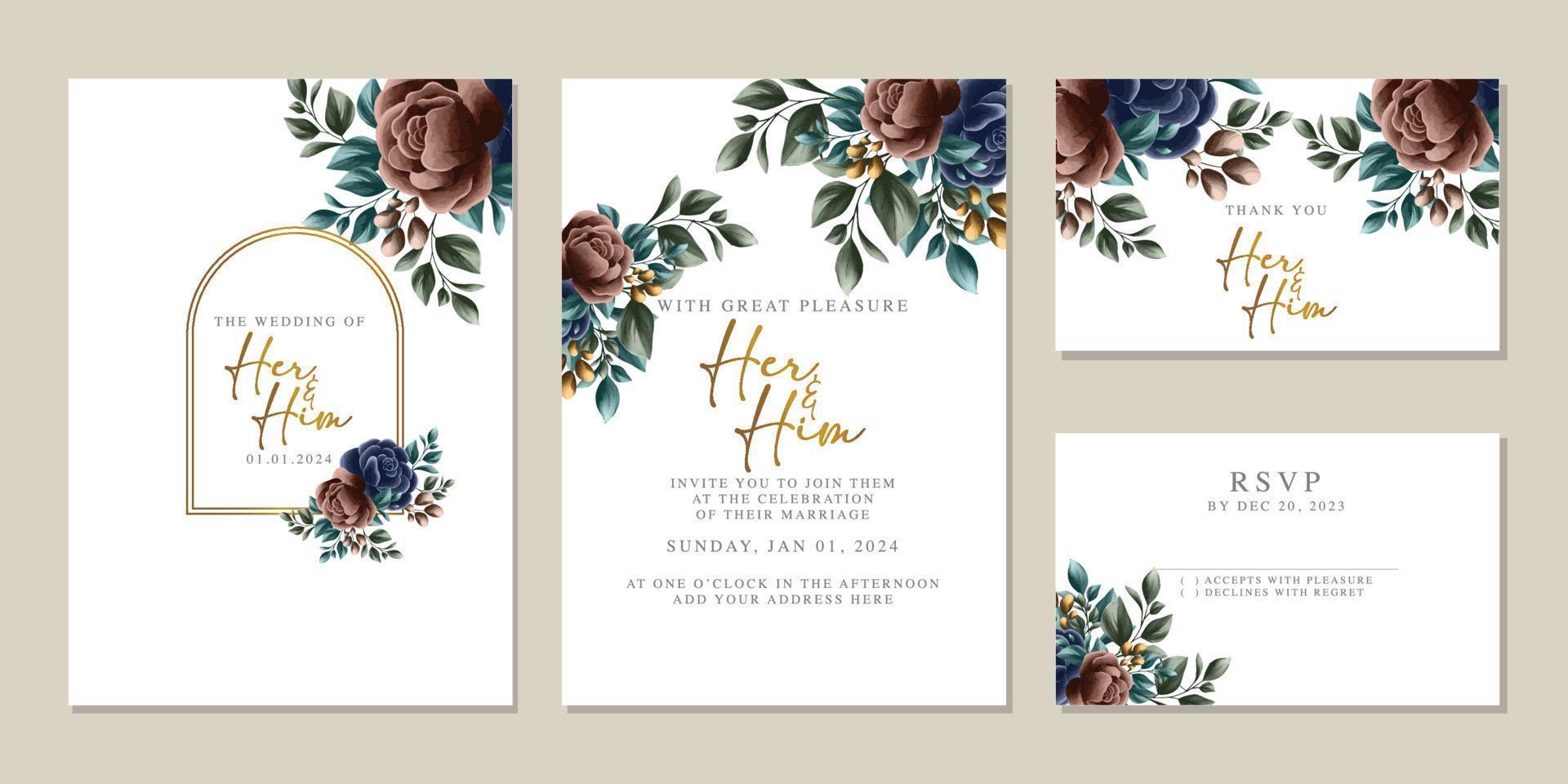 plantilla de fondo de tarjeta de invitación de boda de flores hermosas de lujo vector