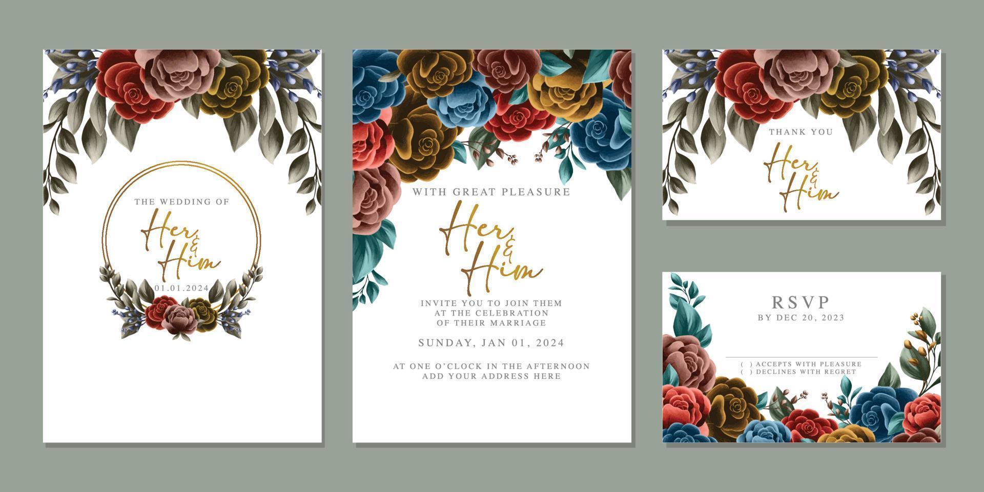 plantilla de fondo de tarjeta de invitación de boda de flores hermosas de lujo vector