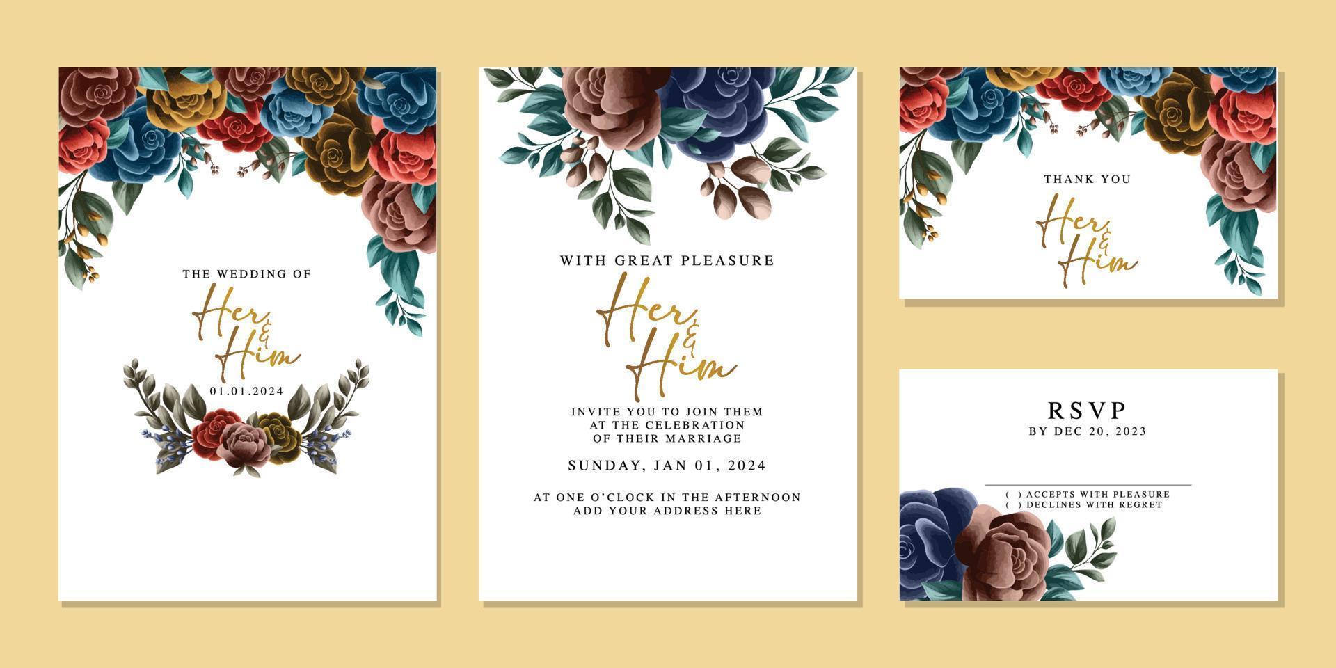 plantilla de fondo de tarjeta de invitación de boda de flores hermosas de lujo vector