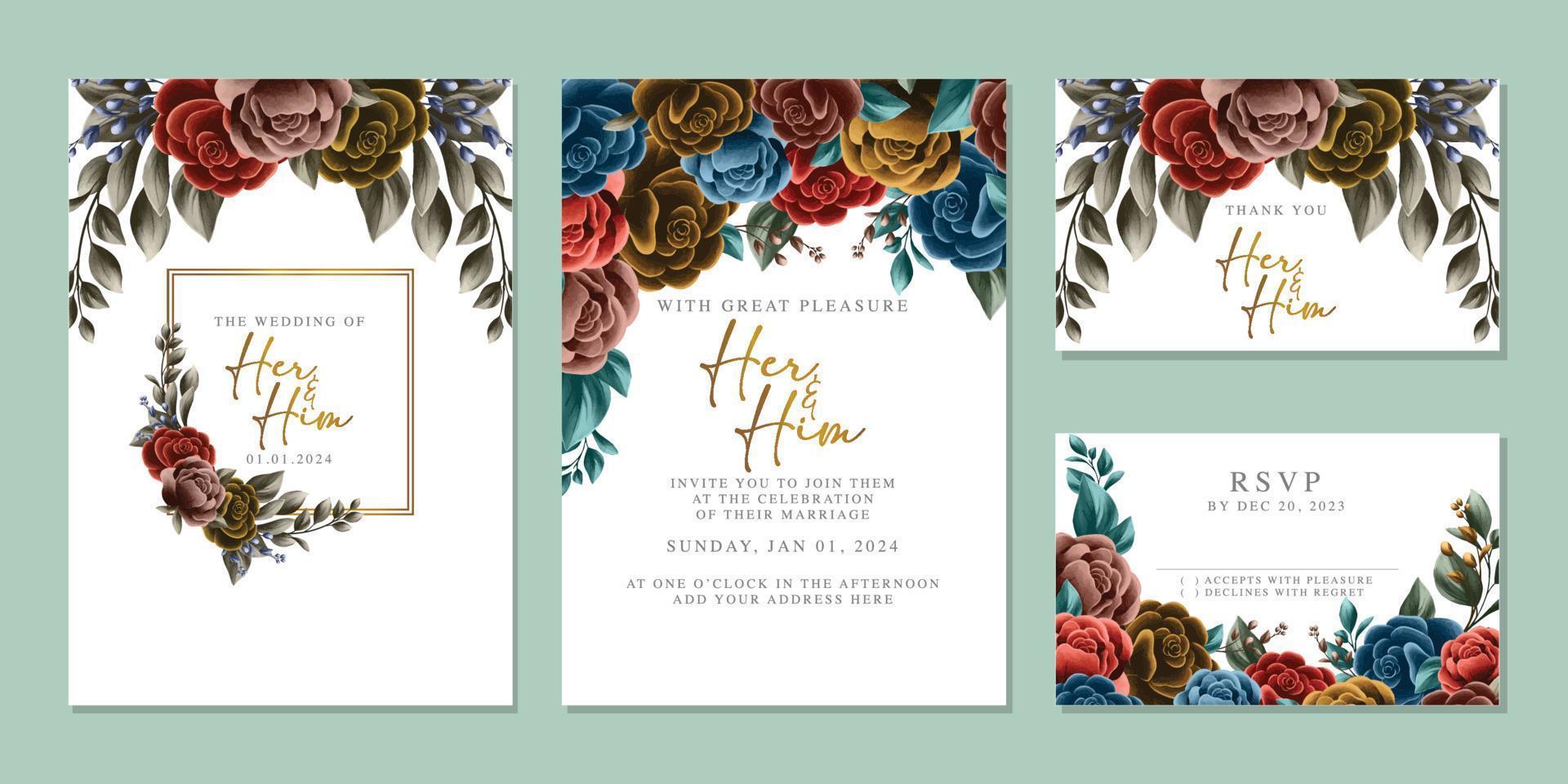 Luxury beautiful flowers wedding invitation card background template vector