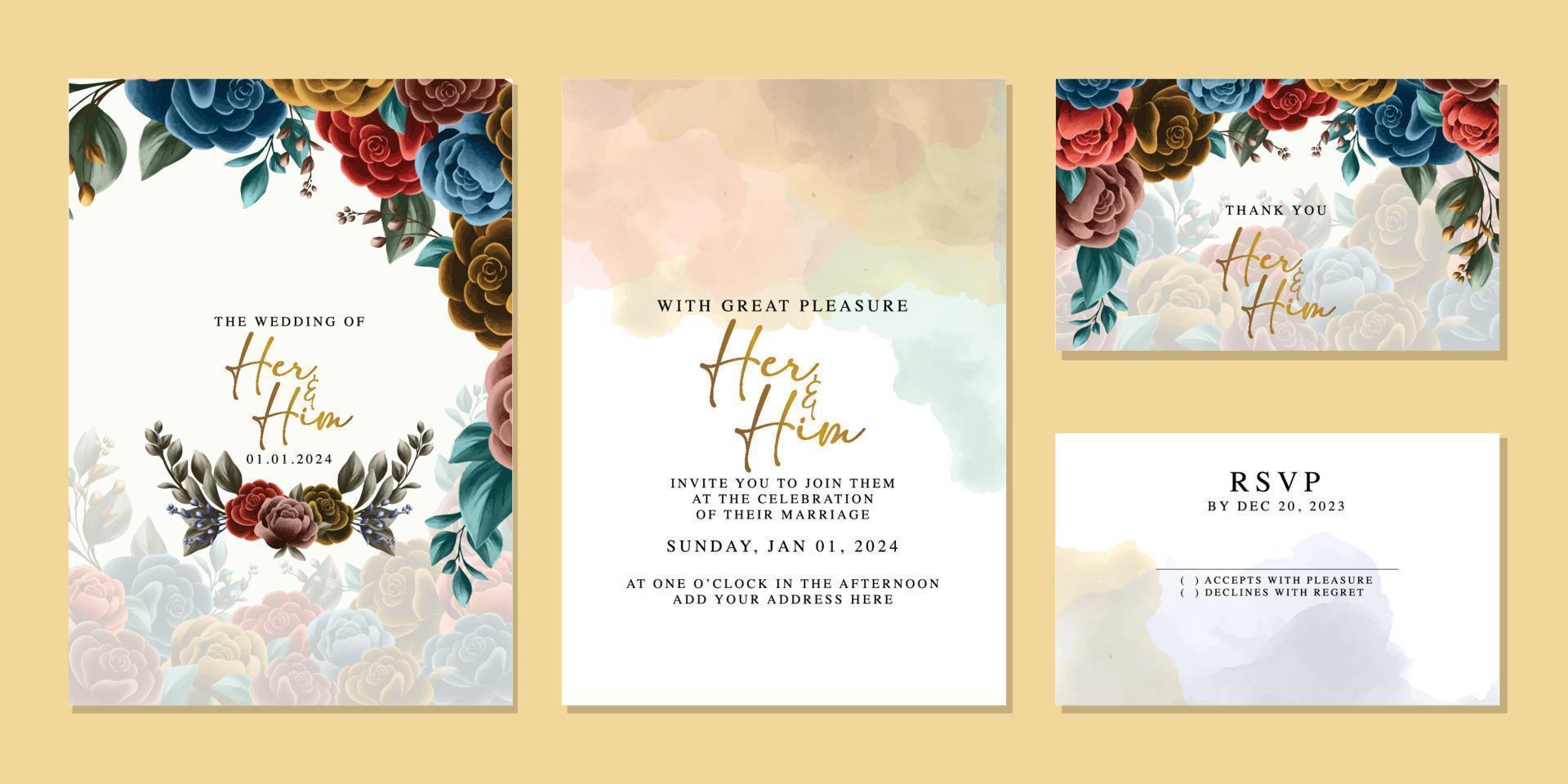 plantilla de fondo de tarjeta de invitación de boda de flores hermosas de lujo vector