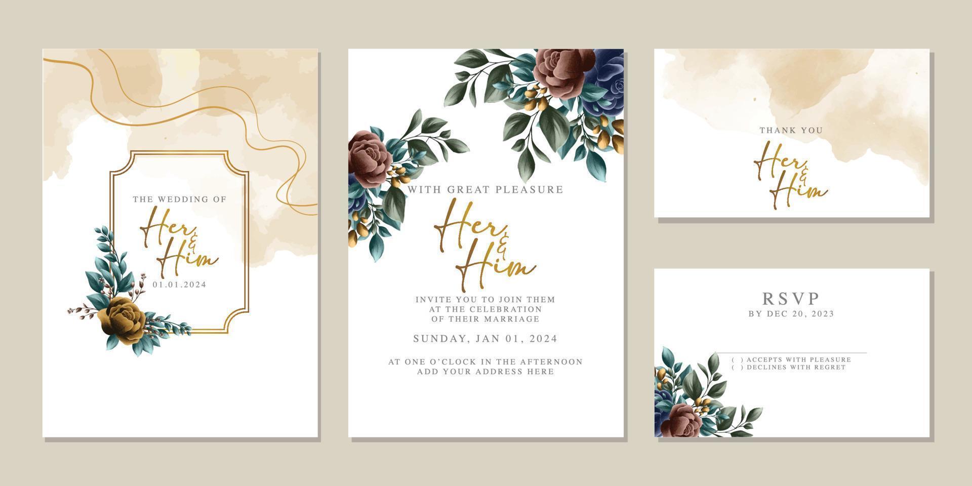 Luxury beautiful flowers wedding invitation card background template vector