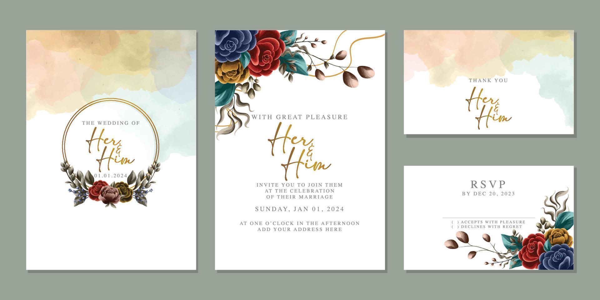 plantilla de fondo de tarjeta de invitación de boda de flores hermosas de lujo vector