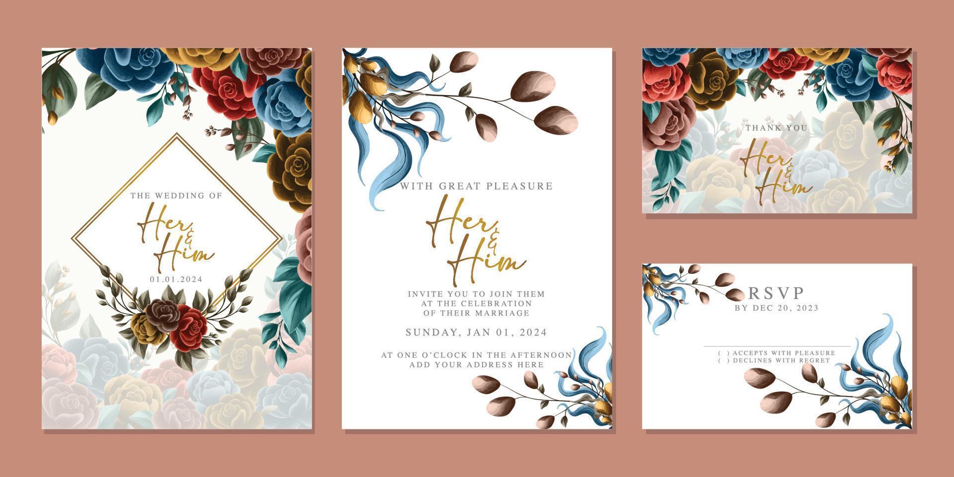 plantilla de fondo de tarjeta de invitación de boda de flores hermosas de lujo vector