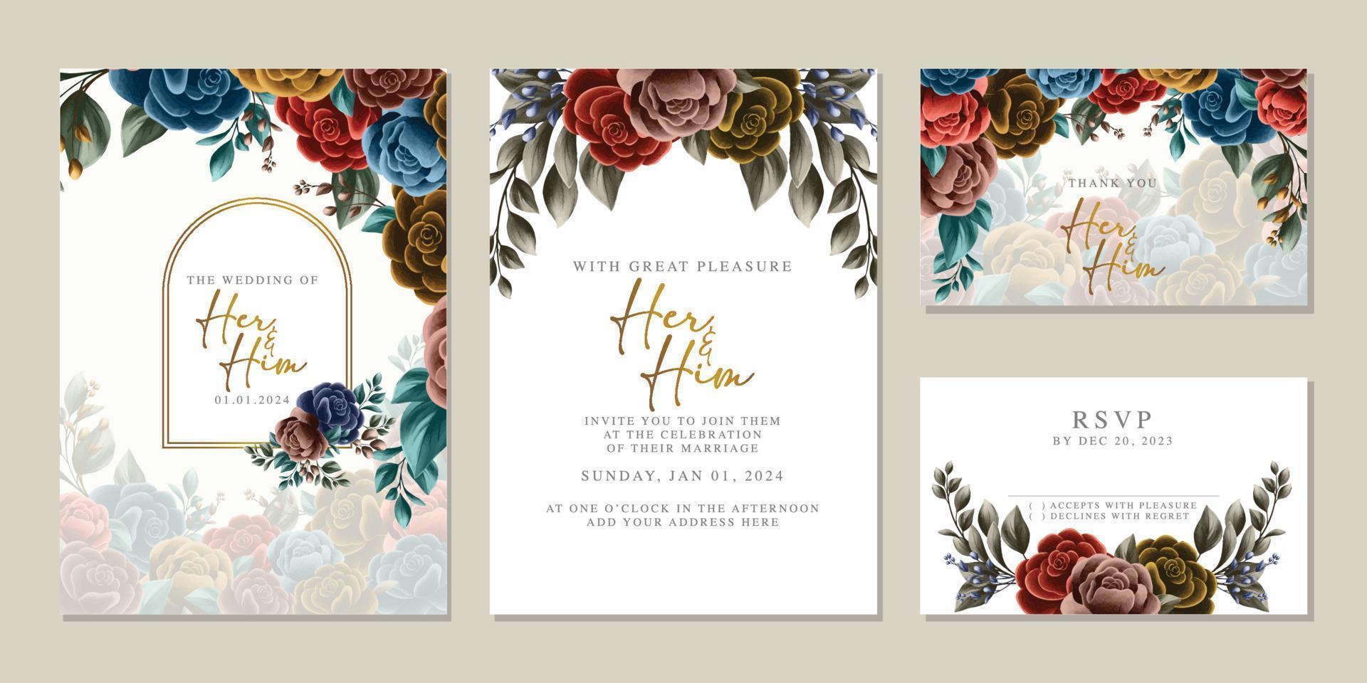 plantilla de fondo de tarjeta de invitación de boda de flores hermosas de lujo vector