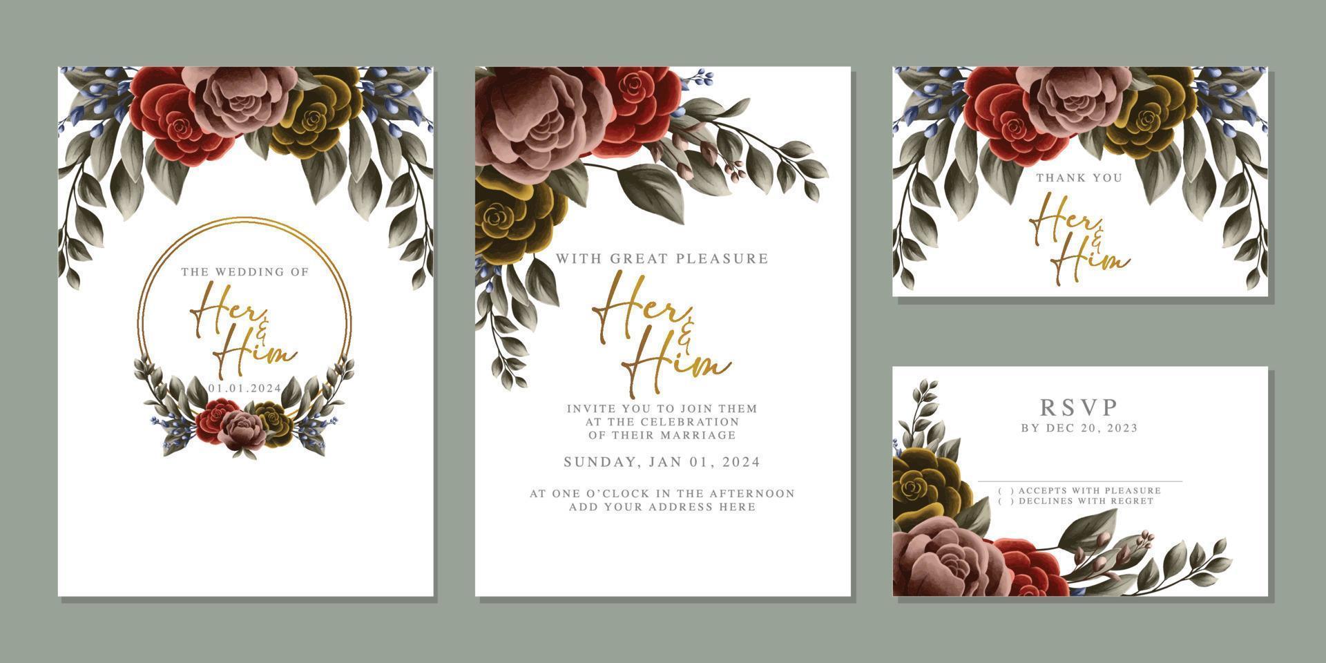 plantilla de fondo de tarjeta de invitación de boda de flores hermosas de lujo vector