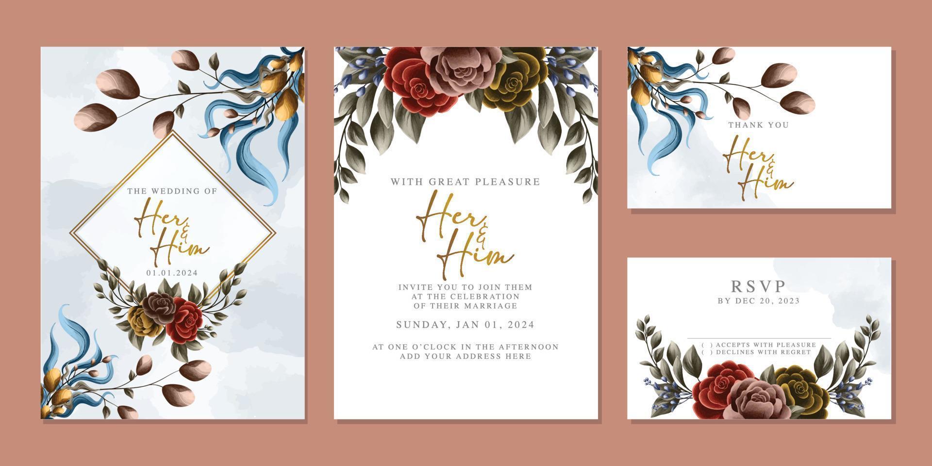 Luxury beautiful flowers wedding invitation card background template vector