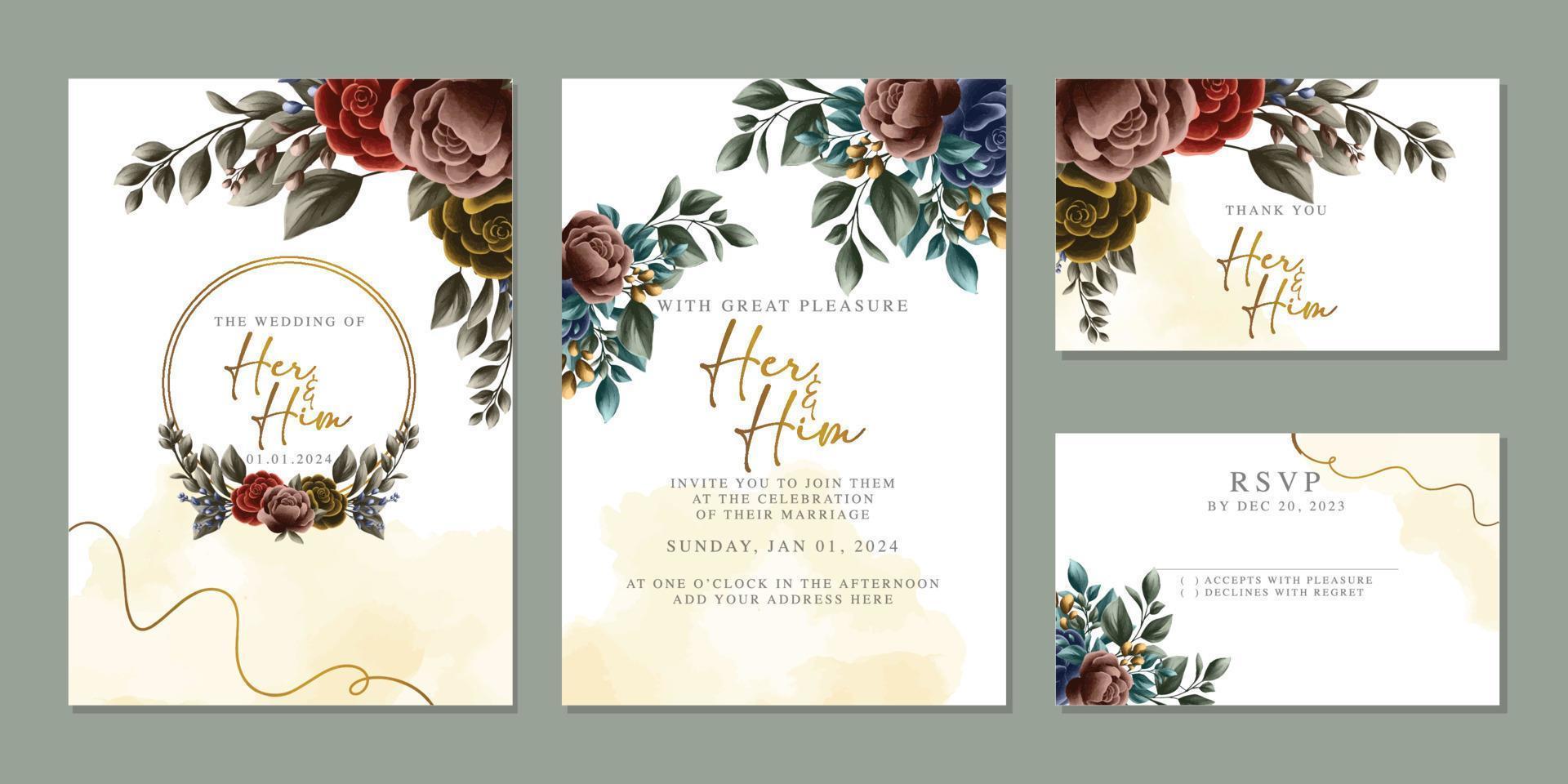 plantilla de fondo de tarjeta de invitación de boda de flores hermosas de lujo vector